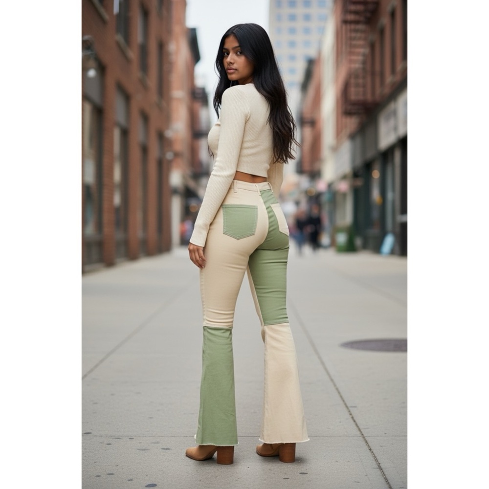 Peach Love Sage & Tan Color Block Flares | 90s Retro Denim - Picture 6 of 9